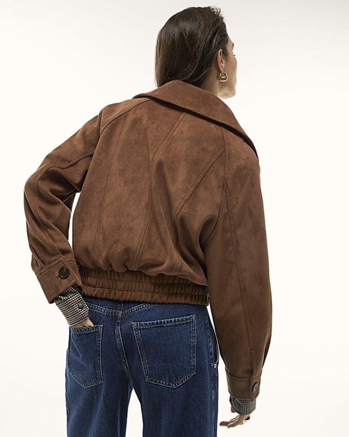 Brown Faux Suede Dropped Bomber Jacket