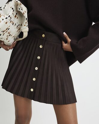 Brown Faux Suede Pleated Mini Skirt