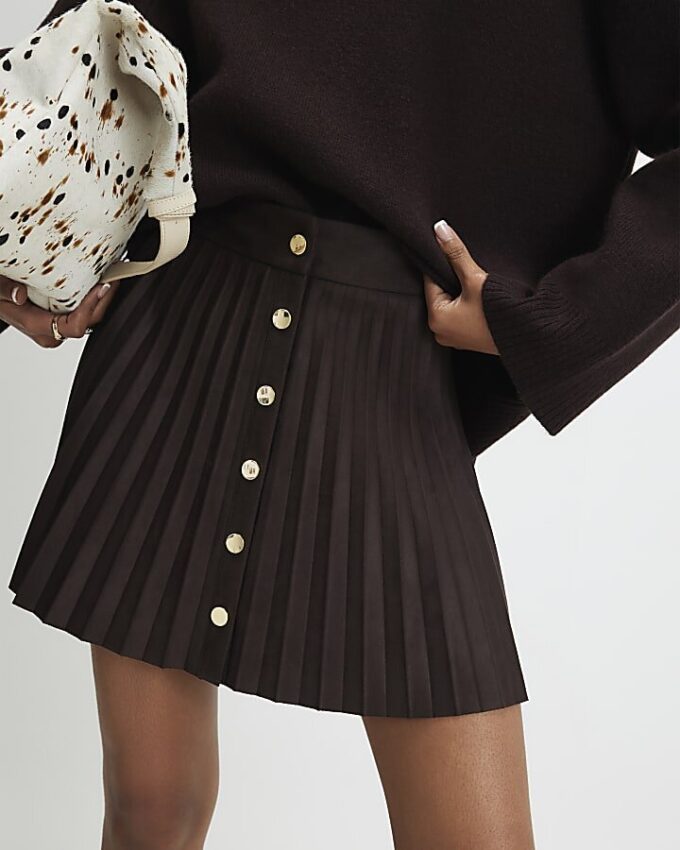 Brown Faux Suede Pleated Mini Skirt
