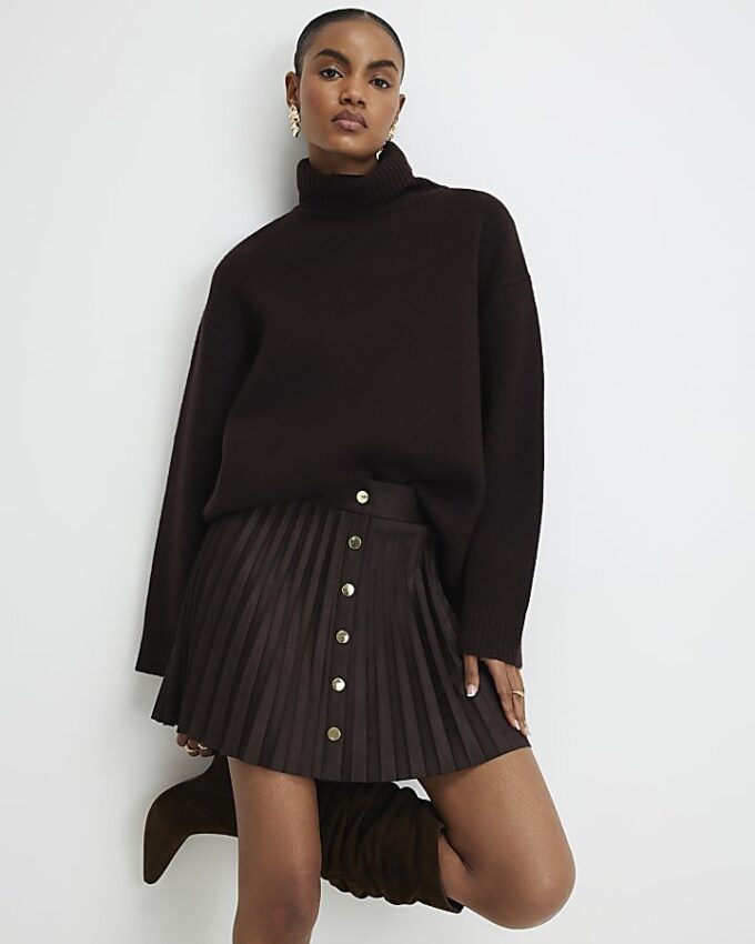 Brown Faux Suede Pleated Mini Skirt