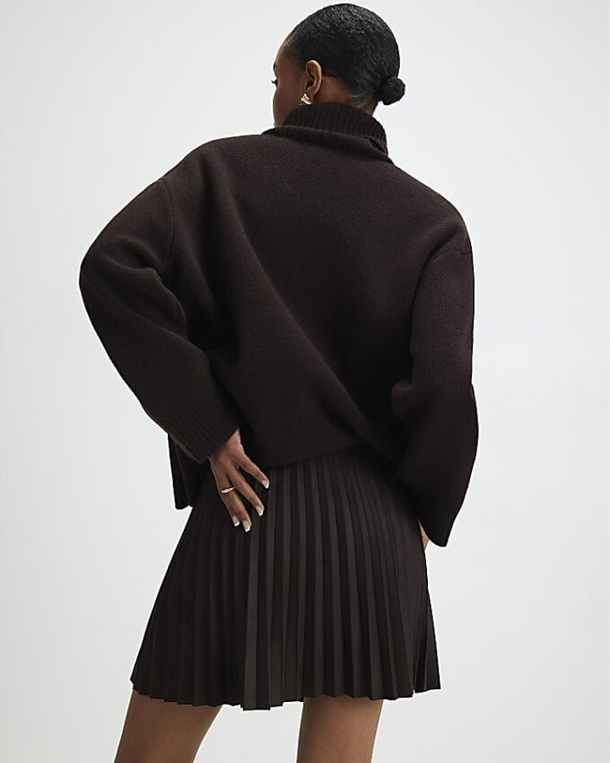 Brown Faux Suede Pleated Mini Skirt
