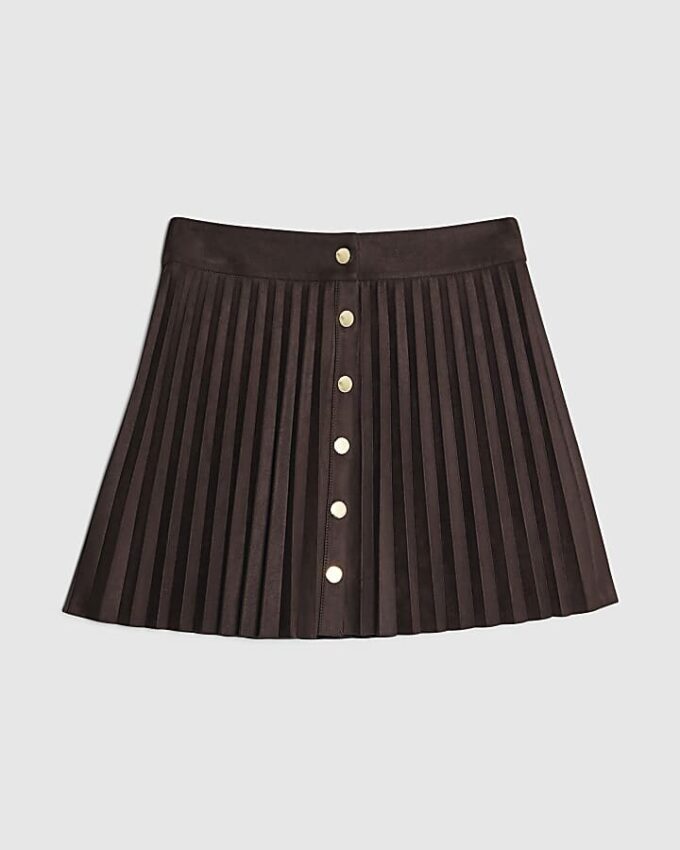 Brown Faux Suede Pleated Mini Skirt