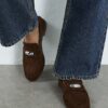 Brown Faux Suede Silver Detail Loafers