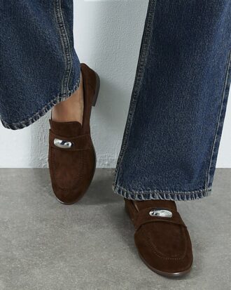 Brown Faux Suede Silver Detail Loafers Brown Faux Suede Silver Detail Loafers