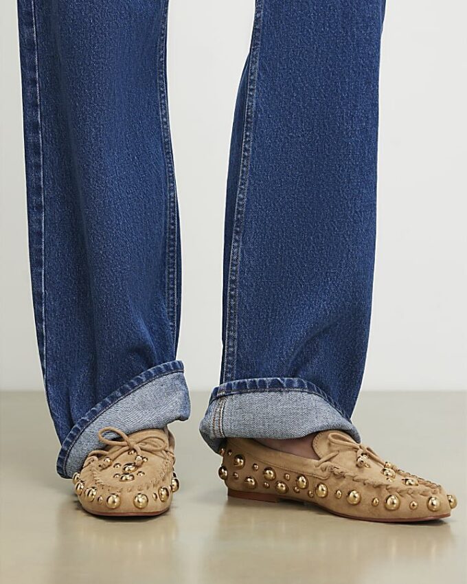 Brown Faux Suede Studded Loafers