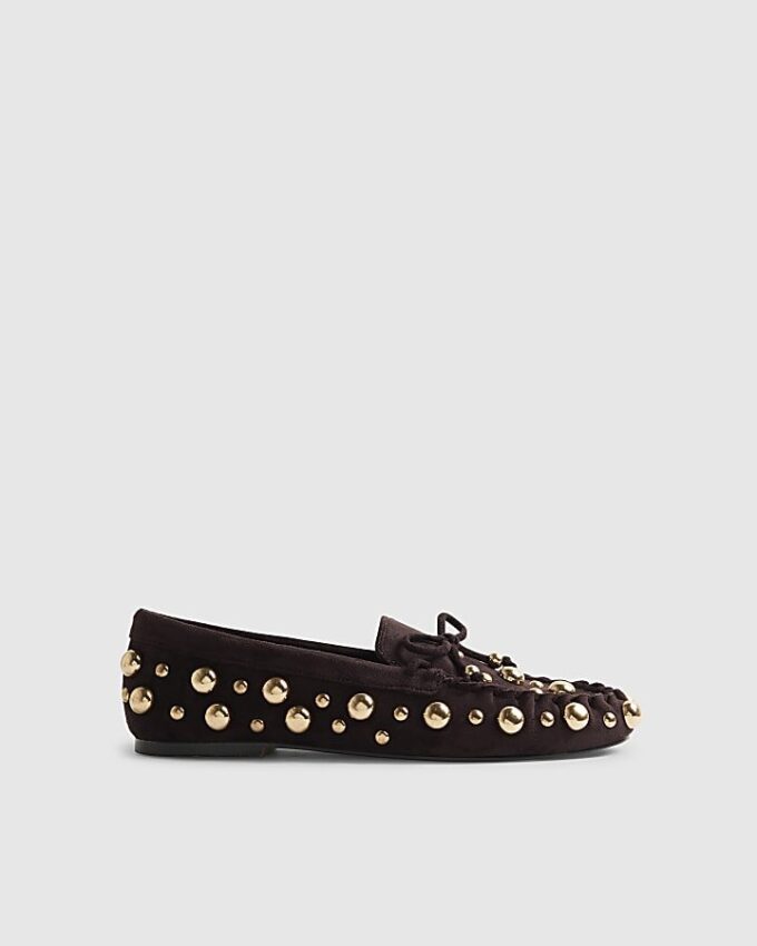 Brown Faux Suede Studded Loafers