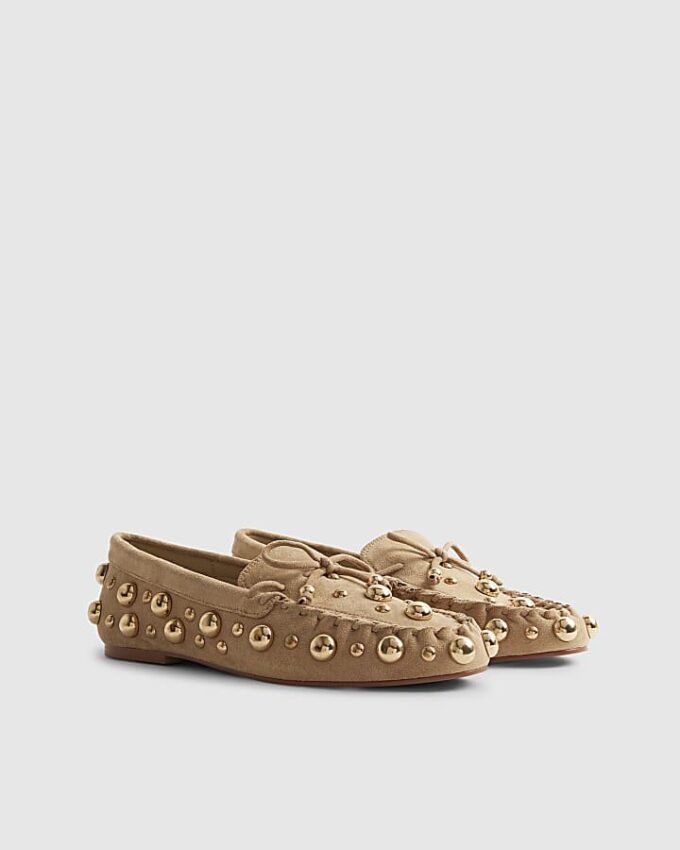Brown Faux Suede Studded Loafers