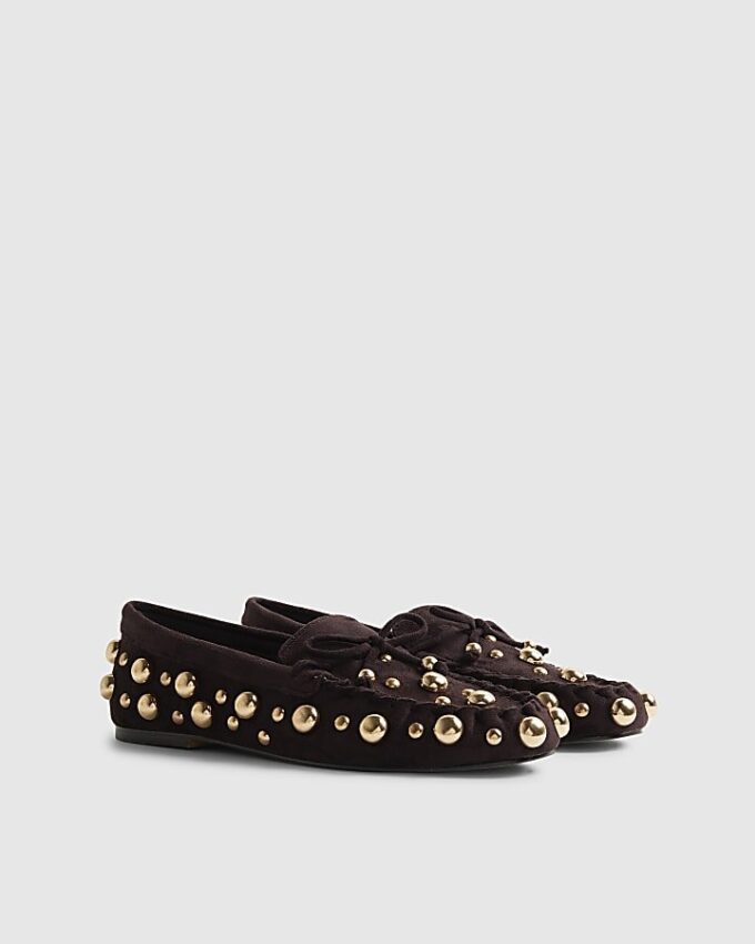 Brown Faux Suede Studded Loafers