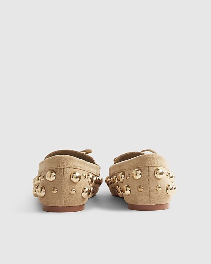 Brown Faux Suede Studded Loafers
