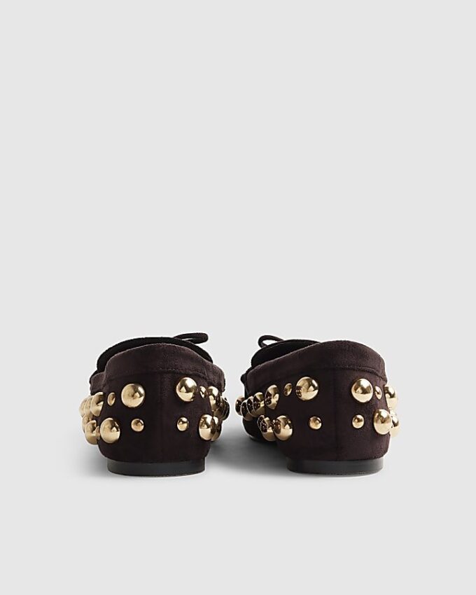 Brown Faux Suede Studded Loafers