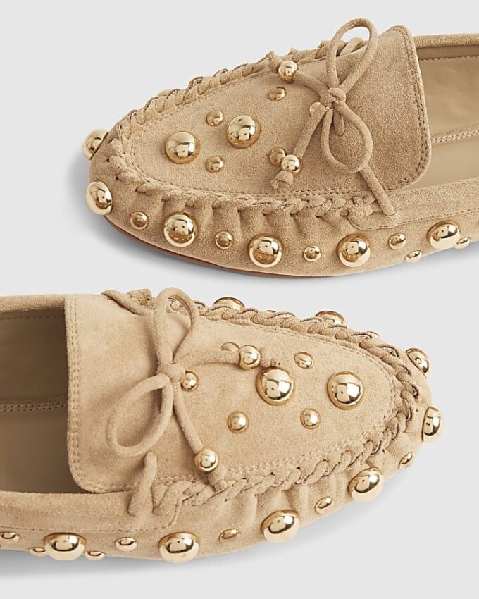 Brown Faux Suede Studded Loafers