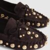 Brown Faux Suede Studded Loafers