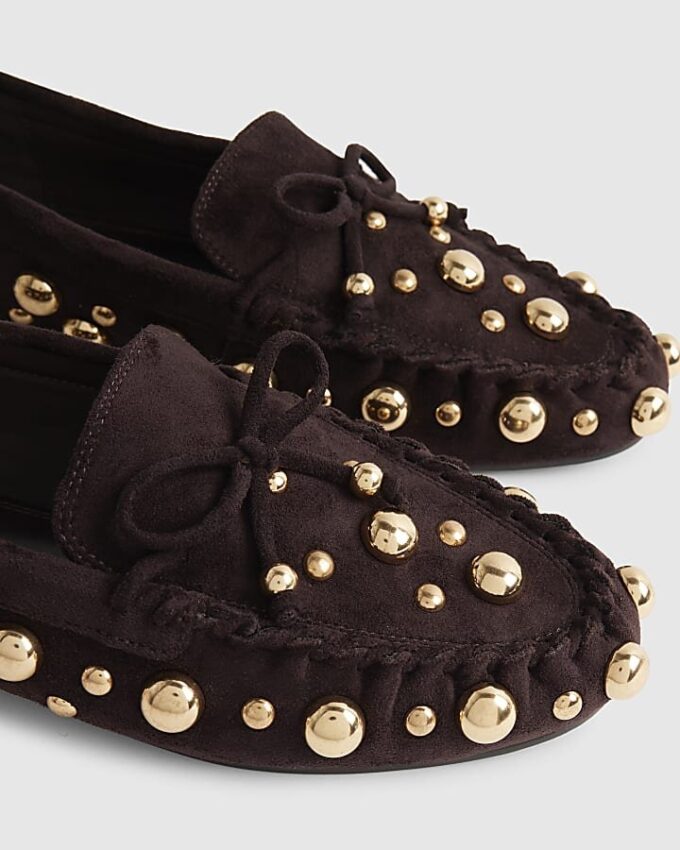 Brown Faux Suede Studded Loafers