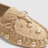 Brown Faux Suede Studded Loafers