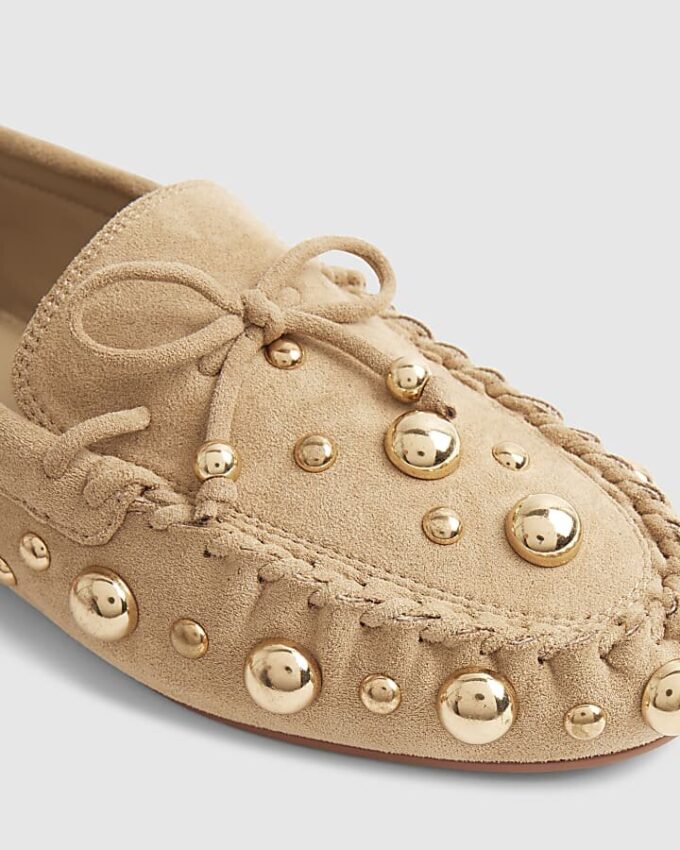 Brown Faux Suede Studded Loafers
