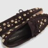 Brown Faux Suede Studded Loafers