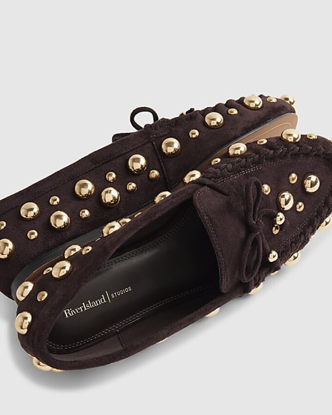 Brown Faux Suede Studded Loafers