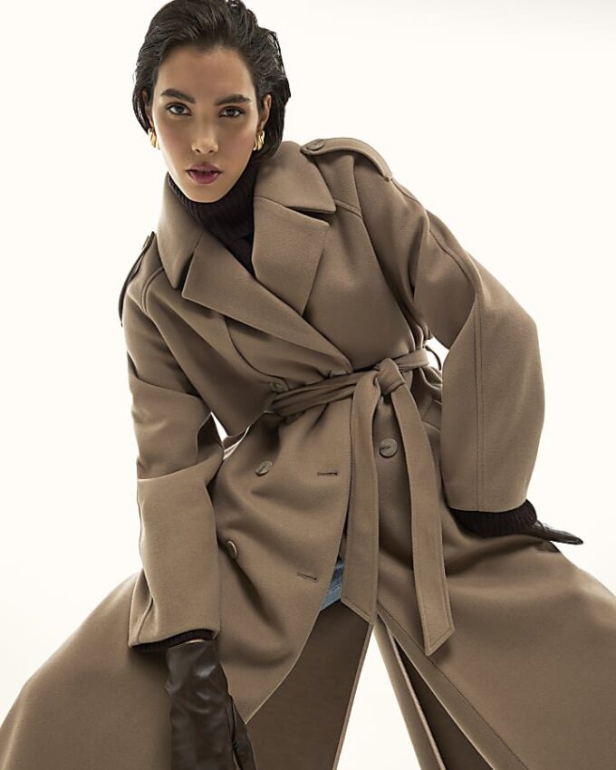 Brown Faux Wool Belted Trench Coat