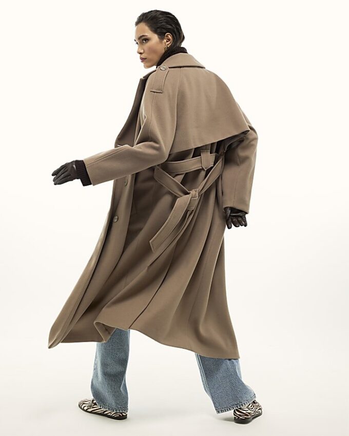 Brown Faux Wool Belted Trench Coat