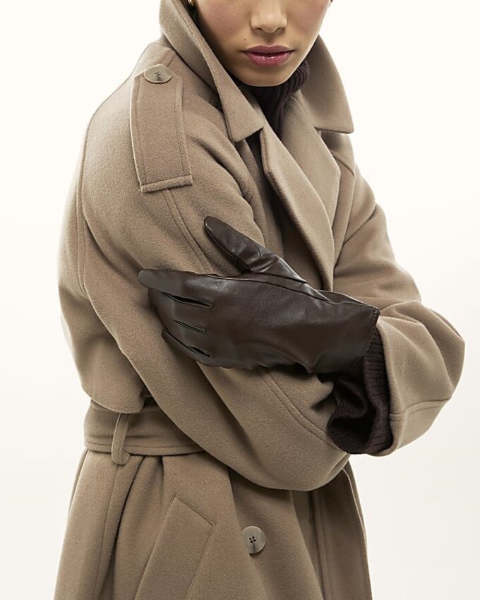 Brown Faux Wool Belted Trench Coat