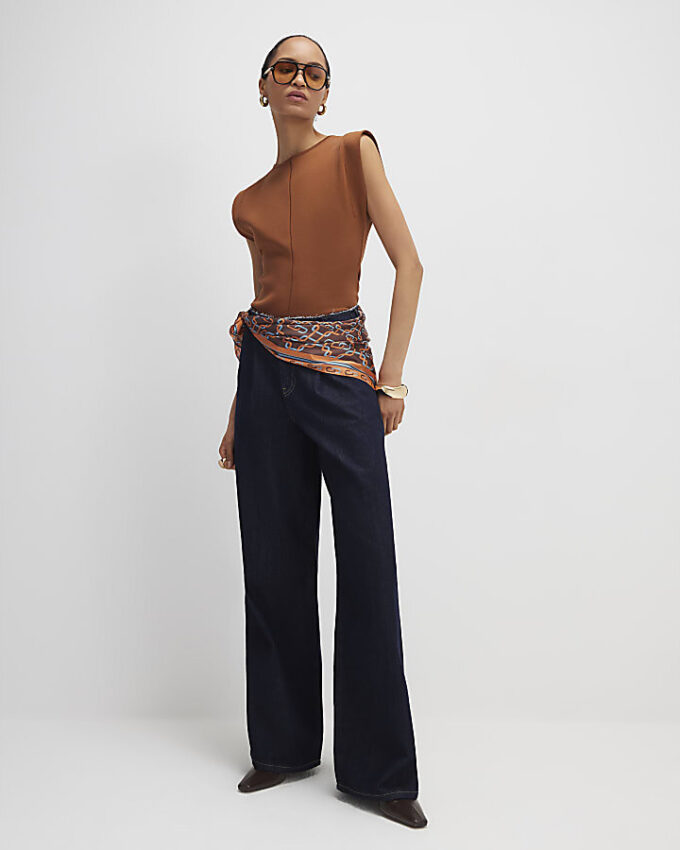 Brown Fitted Knit Sleeveless Top