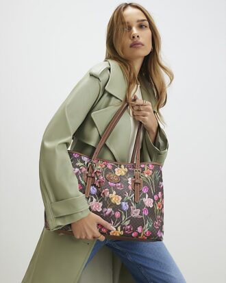 Brown Floral Monogram Buckle Shopper Bag