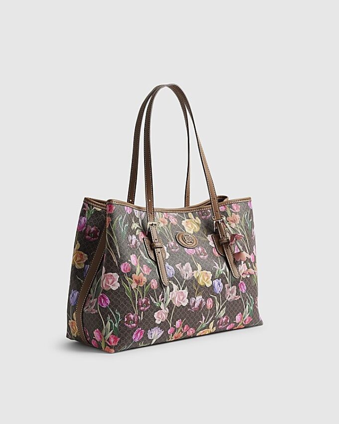 Brown Floral Monogram Buckle Shopper Bag