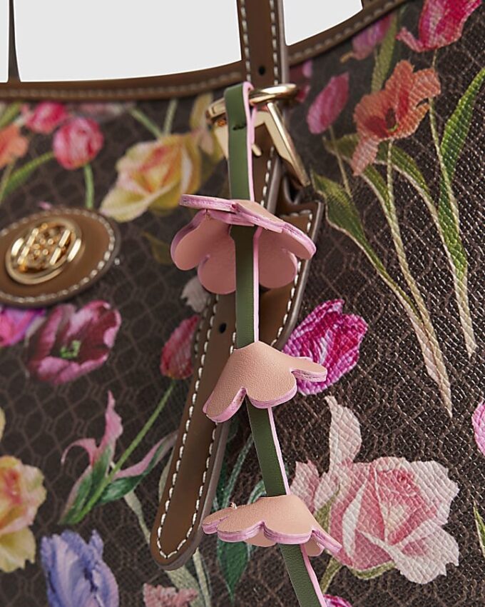 Brown Floral Monogram Buckle Shopper Bag