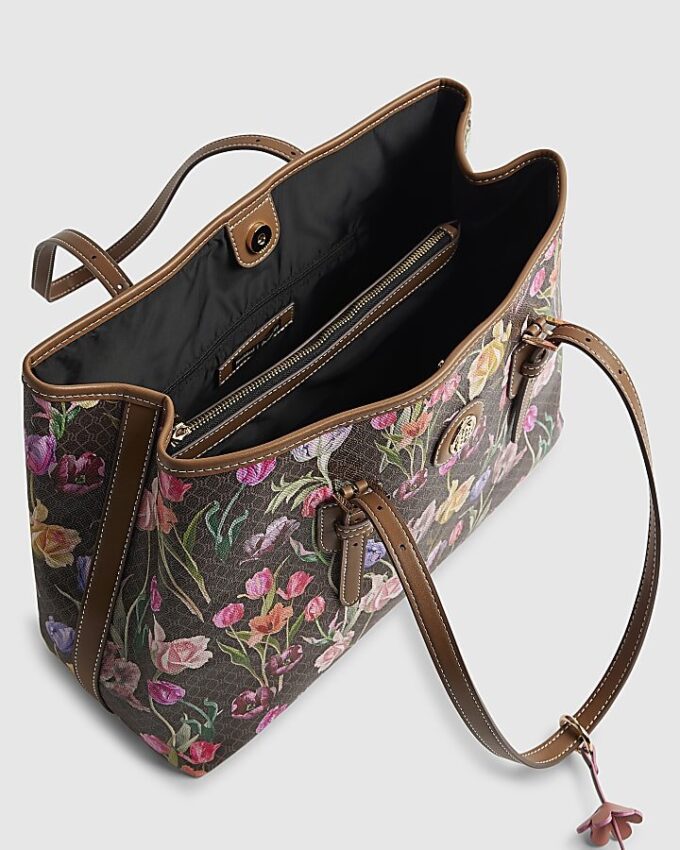 Brown Floral Monogram Buckle Shopper Bag