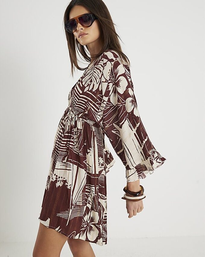 Brown Floral Printed Mini Beach Dress