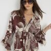Brown Floral Printed Mini Beach Dress