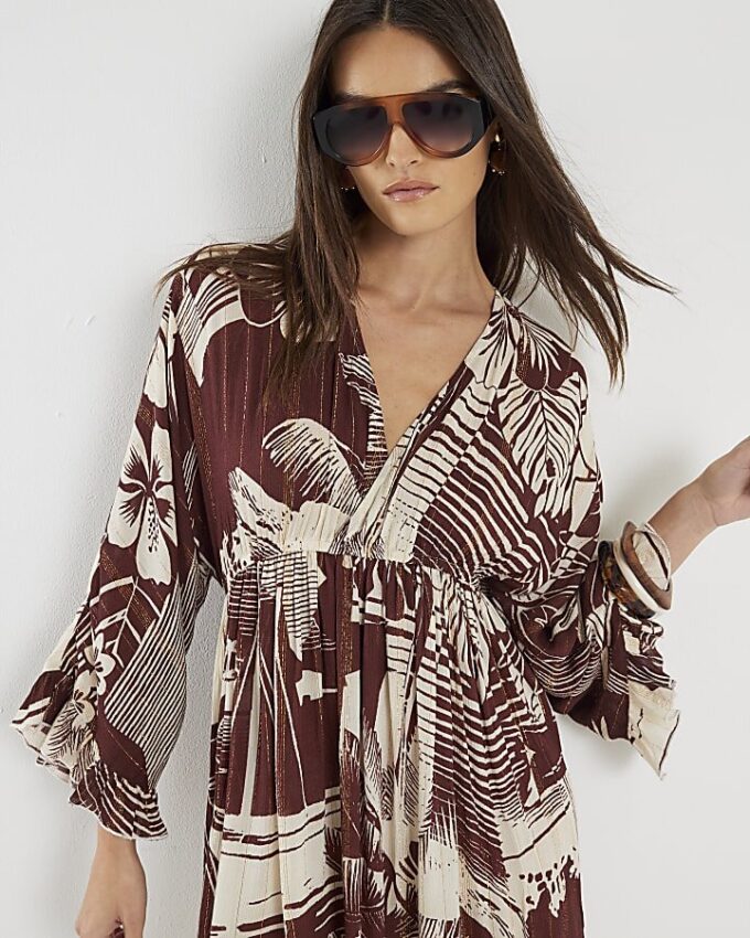 Brown Floral Printed Mini Beach Dress