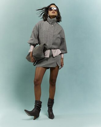 Brown Funnel Neck Bubble Hem Bomber Jacket