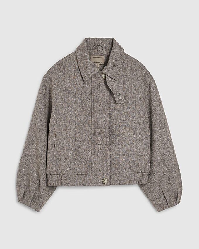 Brown Funnel Neck Bubble Hem Bomber Jacket