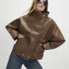 Brown Funnel Neck Distressed Bomber Jacket