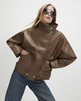 Brown Funnel Neck Distressed Bomber Jacket