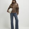 Brown Funnel Neck Distressed Bomber Jacket