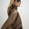 Brown Funnel Neck Distressed Bomber Jacket