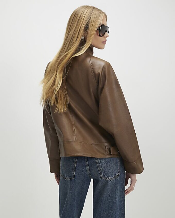 Brown Funnel Neck Distressed Bomber Jacket