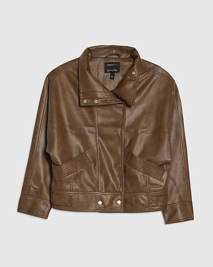 Brown Funnel Neck Distressed Bomber Jacket