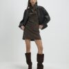 Brown Hammered Faux Leather Mini Skirt
