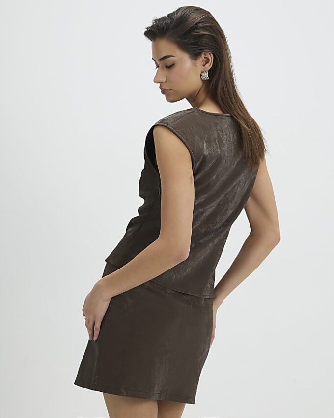 Brown Hammered Faux Leather Mini Skirt