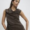 Brown Hammered Faux Leather Ruched Detail Top