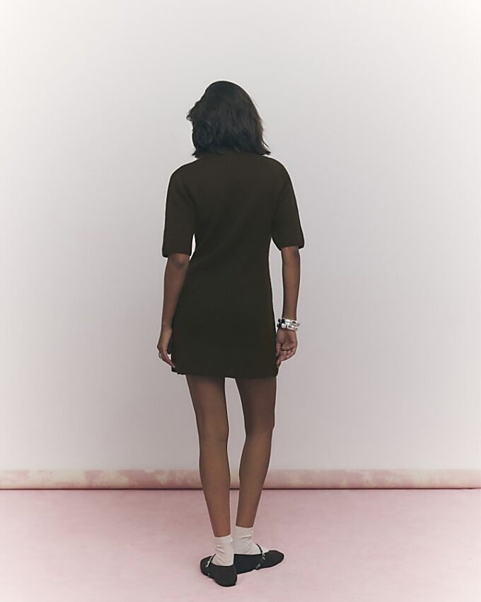 Brown High Neck Cosy Mini Dress