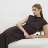 Brown High Neck Ruched Midi Dress