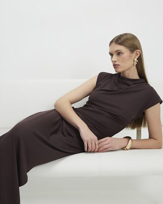 Brown High Neck Ruched Midi Dress