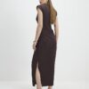 Brown High Neck Ruched Midi Dress