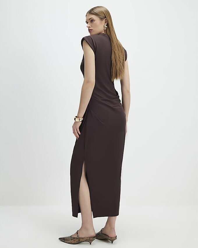 Brown High Neck Ruched Midi Dress