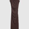 Brown High Neck Ruched Midi Dress