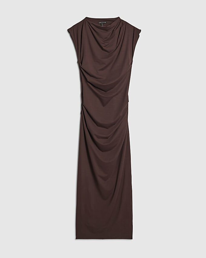Brown High Neck Ruched Midi Dress